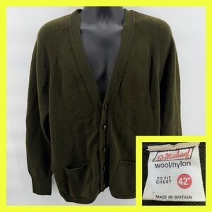 VTG 80s St Michael Wool Cardigan Sweater Mens 42 Olive Green Made in Britain